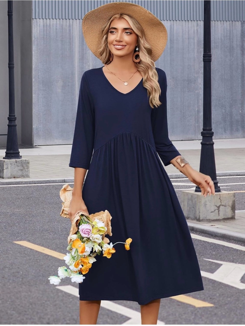 Women's V-Neck Navy Midi Dress - Casual 3/4 Sleeve